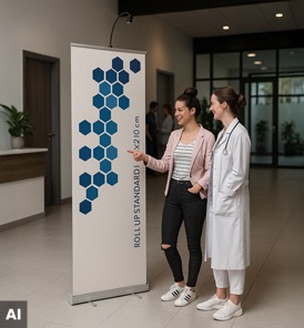 Roll-Up Banner in einer Arztpraxis mit Hinweis auf Gesundheitsaktionen und Impfangebote