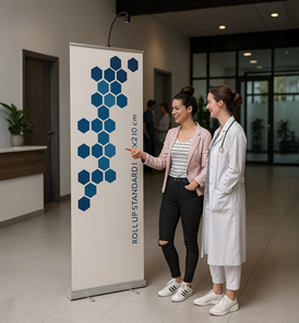 Roll-Up Banner in einer Arztpraxis mit Hinweis auf Gesundheitsaktionen und Impfangebote