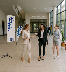 Beachflag vor einer Universität mit Hinweis auf eine Campusveranstaltung