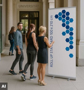 Roll-Up in einer Universitätsaula mit Informationen zu Studienangeboten