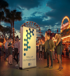 Roll-Up Banner mit Werbebotschaft auf einem Stadtfest