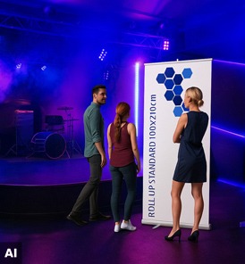Roll-Up Banner im Theaterfoyer mit Veranstaltungshinweisen